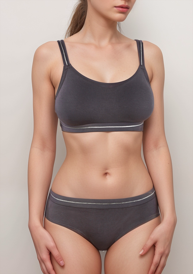 Double-layered cotton wireless bra with glitter elastic waistband – Grey