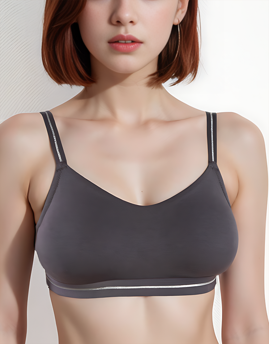 Double-layered cotton wireless bra with glitter elastic waistband – Grey