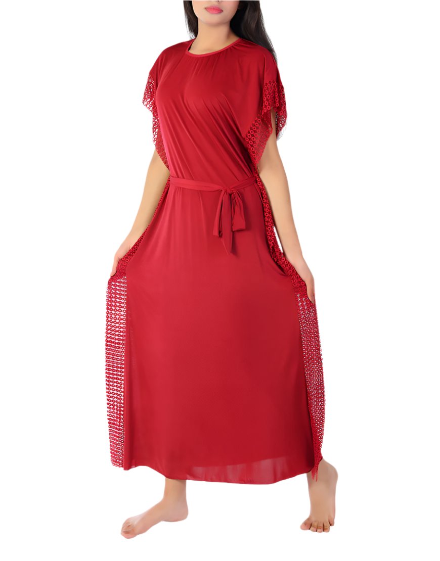 Two-piece round-neck nightdress with side lace – Maroon