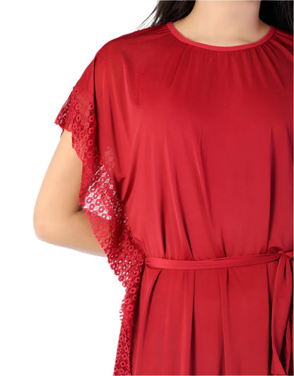 Zweiteiliges Nachthemd mit Rundhalsausschnitt und seitlicher Spitze – Maroon