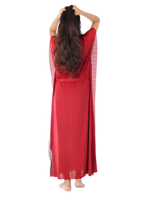 Zweiteiliges Nachthemd mit Rundhalsausschnitt und seitlicher Spitze – Maroon
