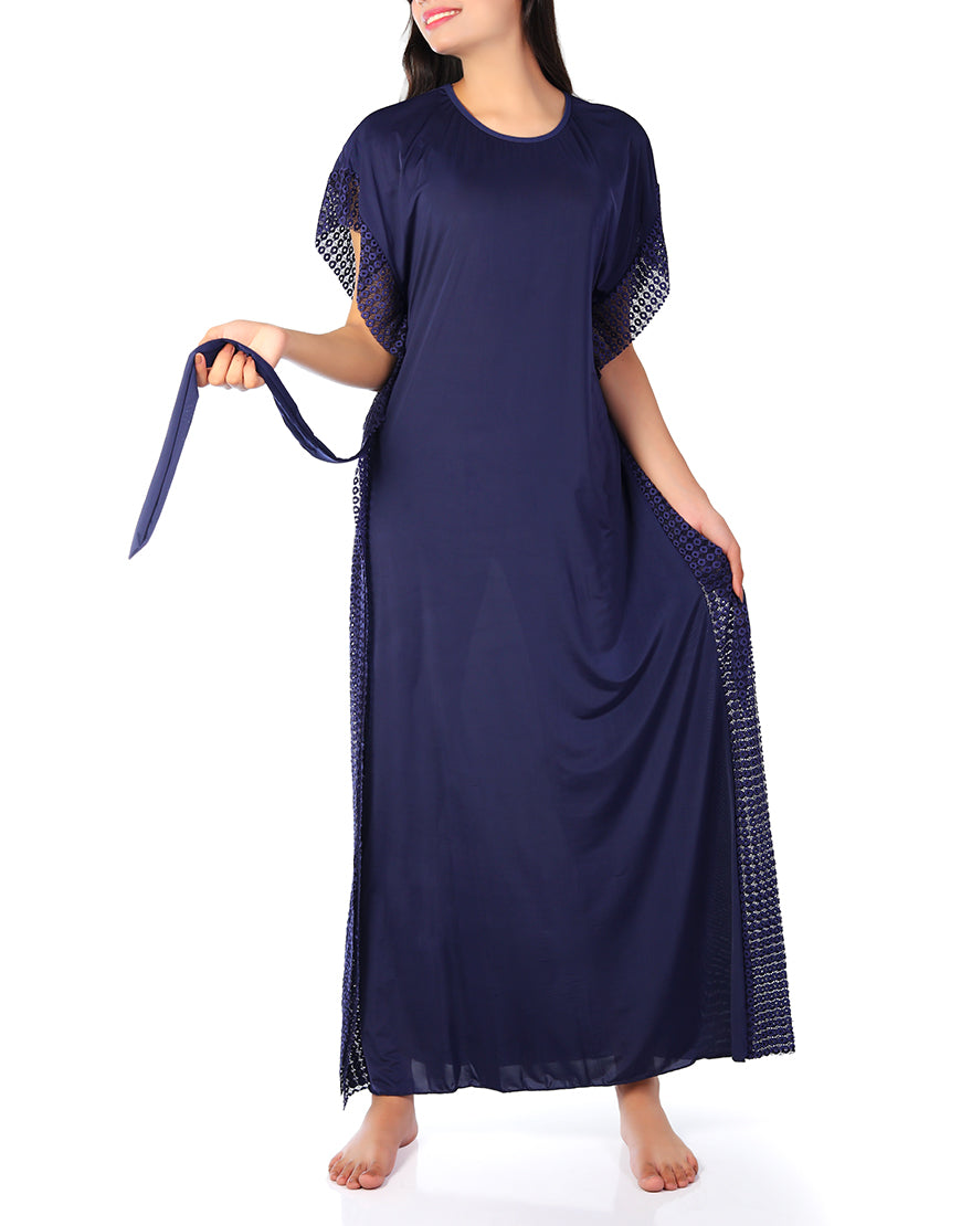 Two-piece round-neck nightdress with side lace – Navy