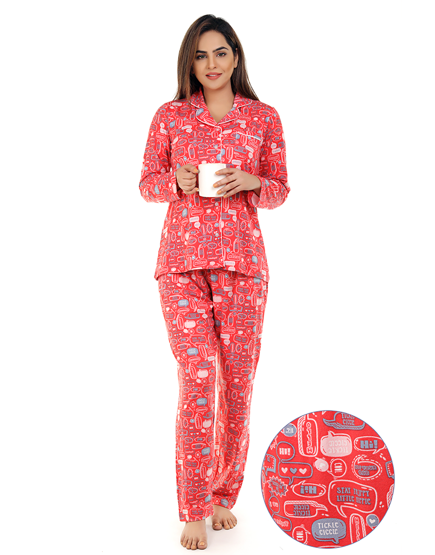 Siesta Peach Print Shirt and Pyjama Set – Pink