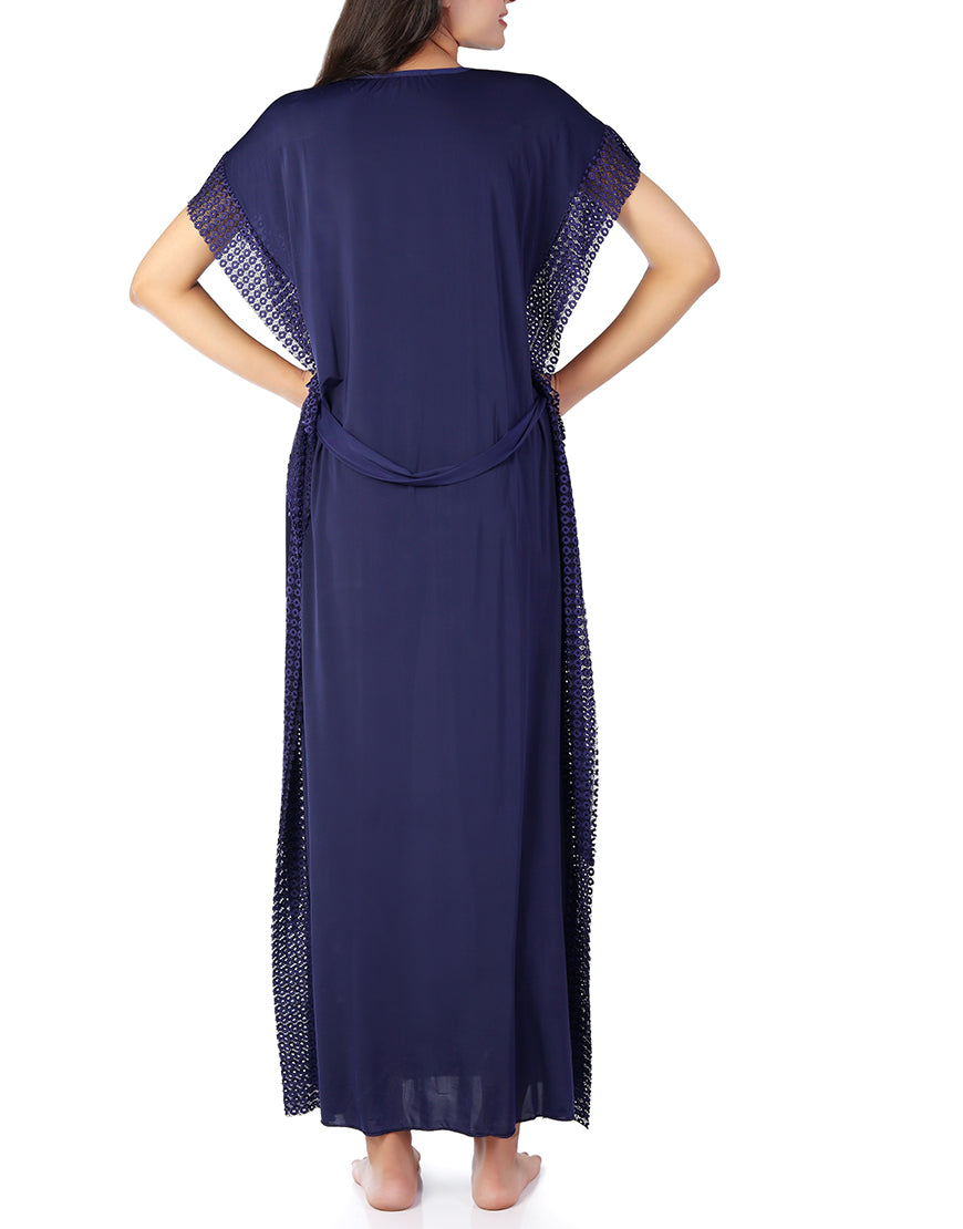 Zweiteiliges Nachthemd mit Rundhalsausschnitt und seitlicher Spitze – Navy