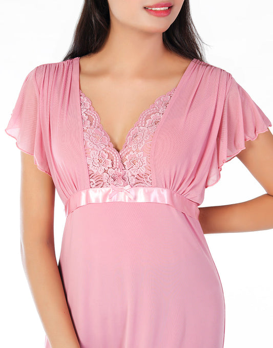 Zweiteiliges Nachthemd mit Spitzenkragen – Baby Pink