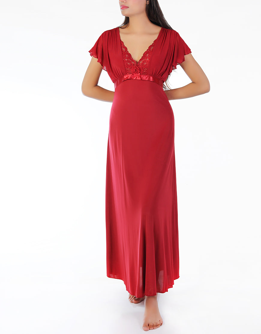 Losha Two-Piece Nightdress with Lace Collar – Maroon