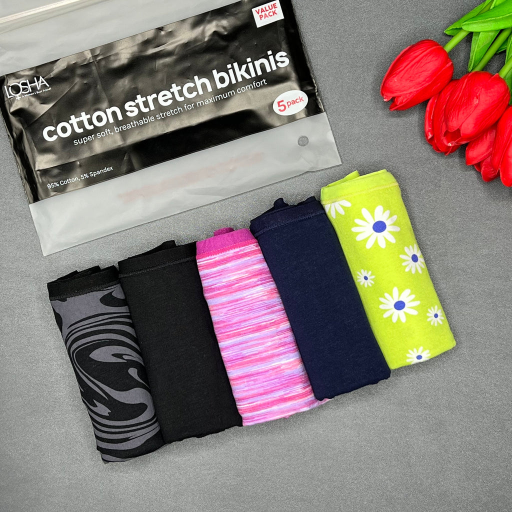 PACK OF 5 SUPER SOFT COTTON STRETCH PRINTED BIKINI BRIEFS - DAISIES