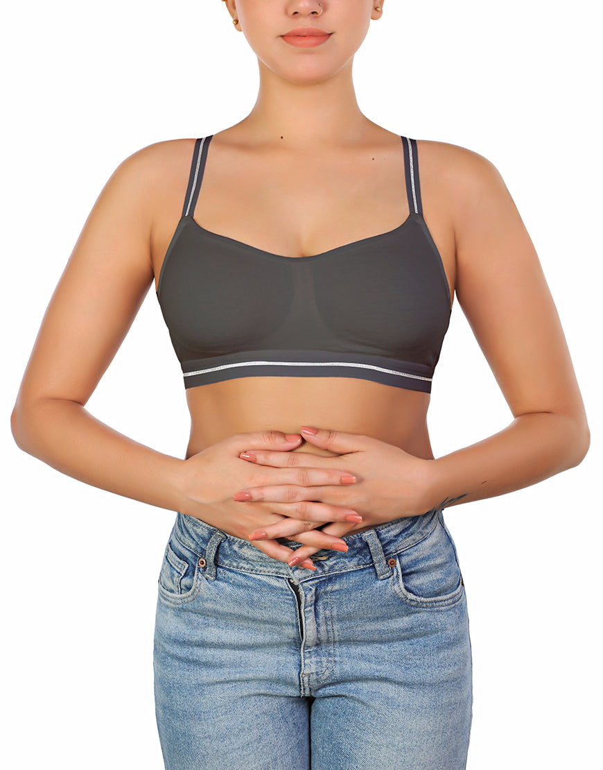 Double-layered cotton wireless bra with glitter elastic waistband – Grey