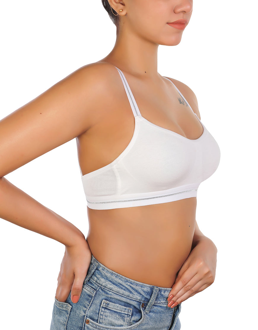 Double-layered cotton wireless bra with glitter elastic waistband – White