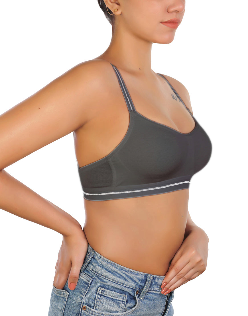 Double-layered cotton wireless bra with glitter elastic waistband – Grey