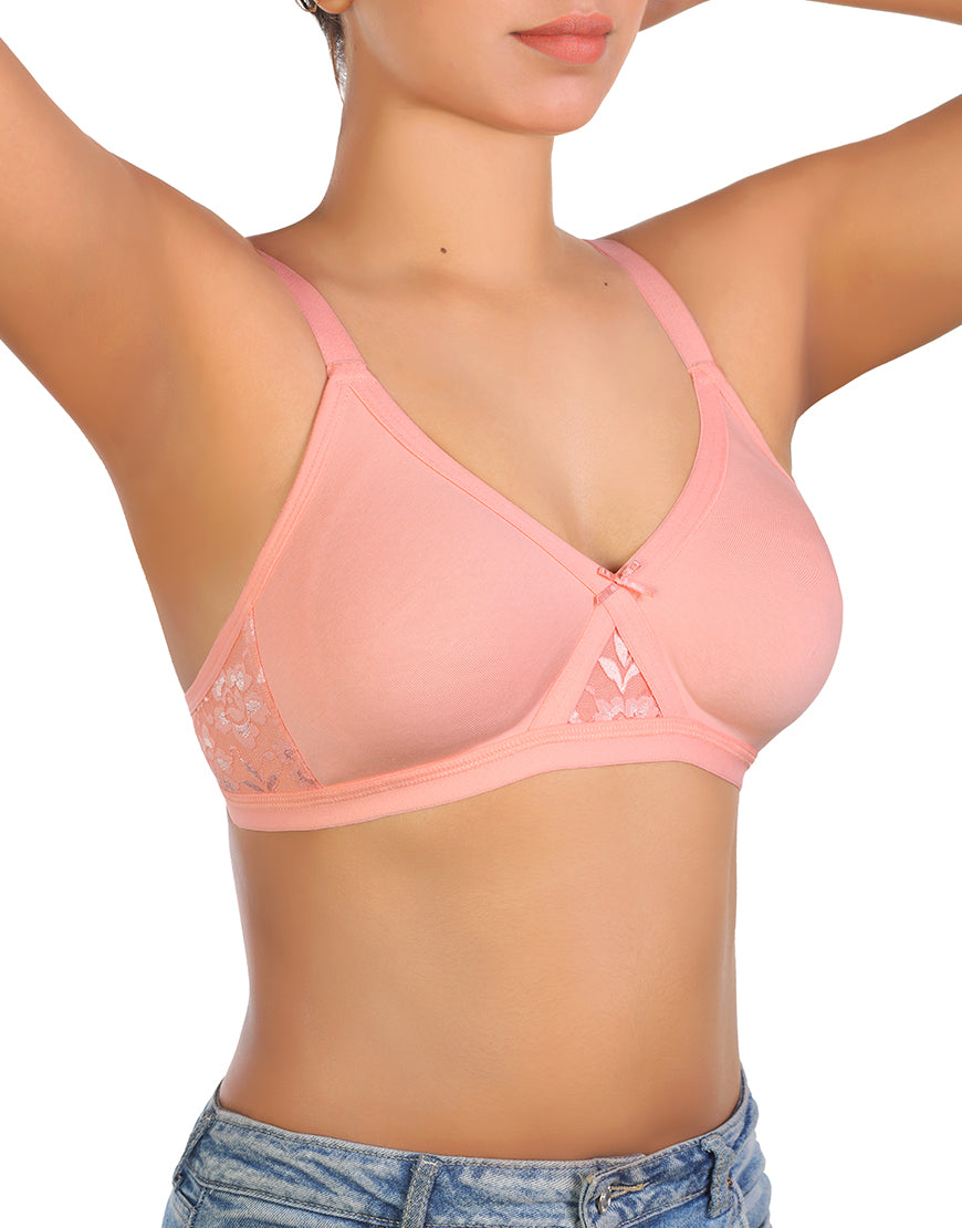 Wire-free Super Support Cotton Bra with Lace Accented Cups – Pink