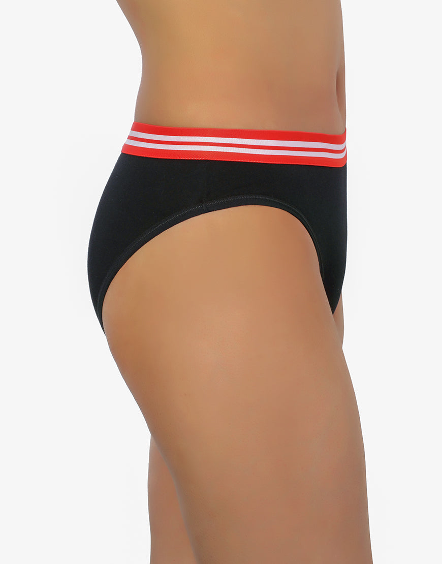 COTTON LOW-WAIST BIKINI BRIEFS WITH STRIPED ELASTIC WAISTBAND - BLACK