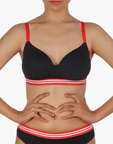 Leicht gepolsterter, bügelloser T-Shirt-BH mit gestreiftem Elastikbund – Schwarz