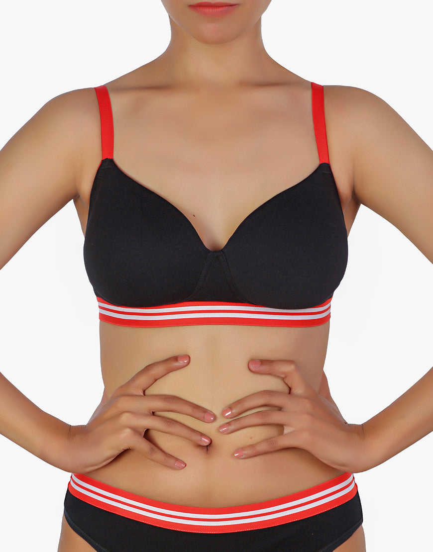 Lightly padded, wireless T-shirt bra with striped elastic waistband – Black