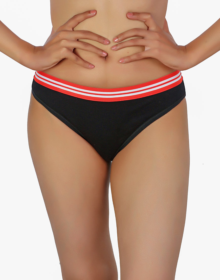 COTTON LOW-WAIST BIKINI BRIEFS WITH STRIPED ELASTIC WAISTBAND - BLACK