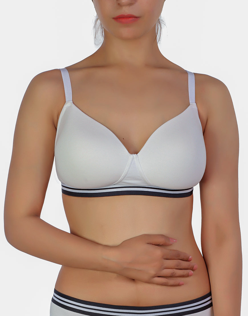 Lightly padded, wireless T-shirt bra with striped elastic waistband – White