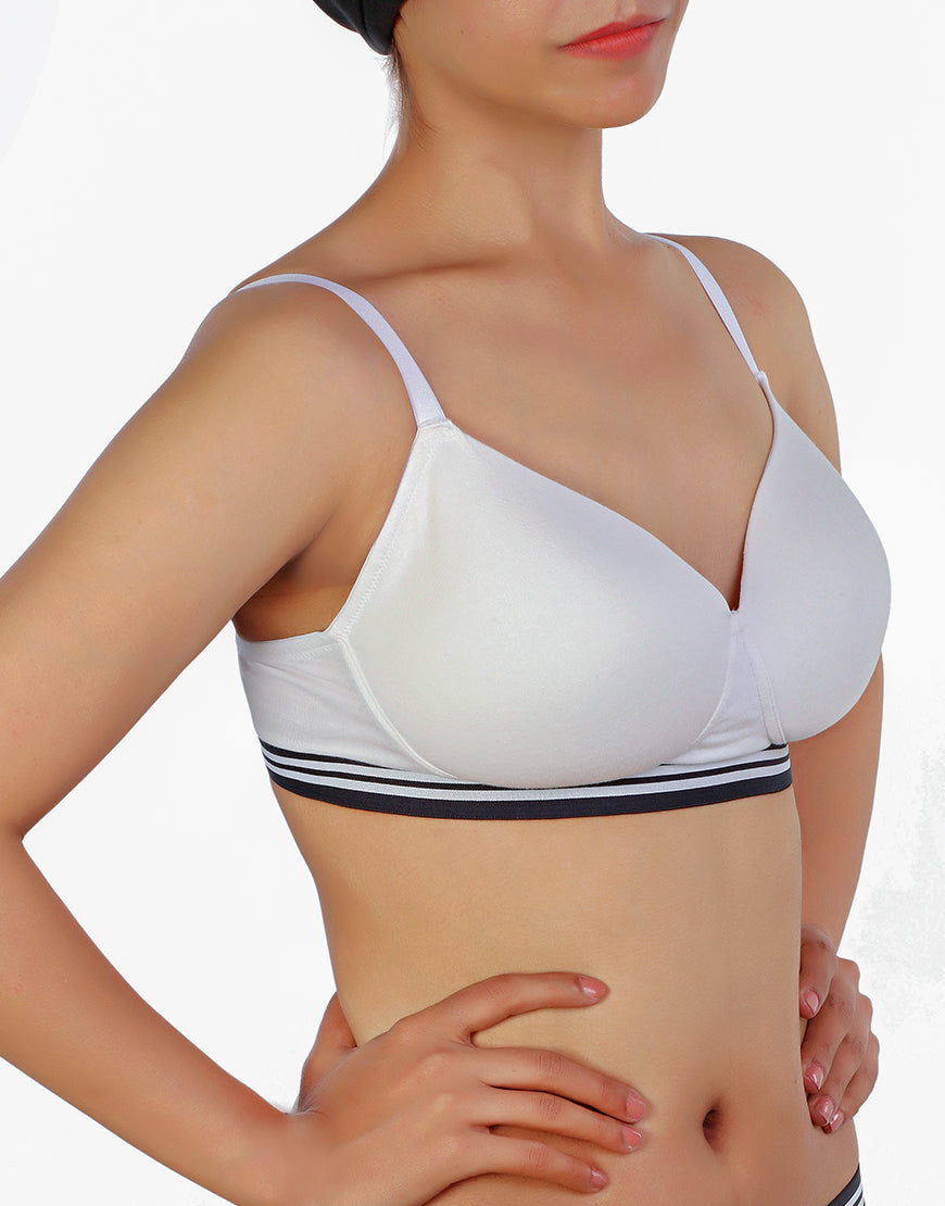 Lightly padded, wireless T-shirt bra with striped elastic waistband – White