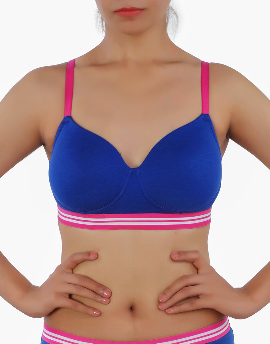 Lightly padded, wireless T-shirt bra with striped elastic waistband – Blue
