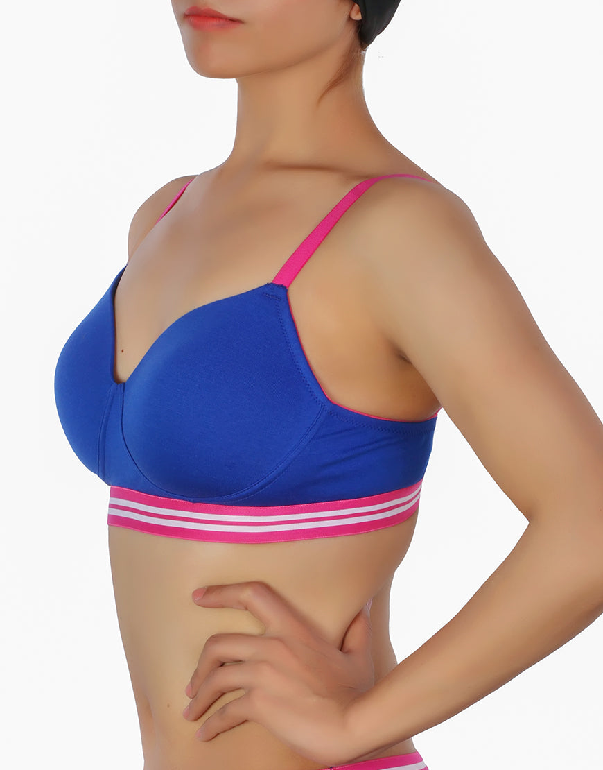 Lightly padded, wireless T-shirt bra with striped elastic waistband – Blue