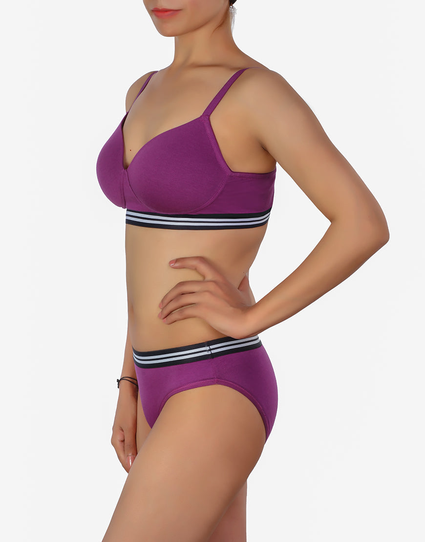 Lightly padded non-wire T-shirt bra with matching panty – Purple