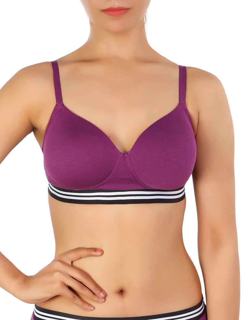 Lightly padded, wireless T-shirt bra with striped elastic waistband – Purple
