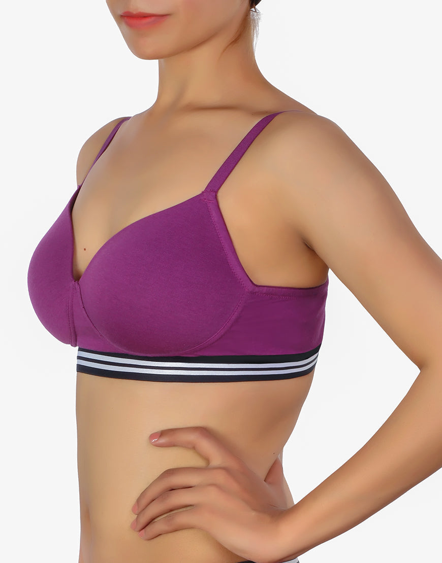 Lightly padded, wireless T-shirt bra with striped elastic waistband – Purple