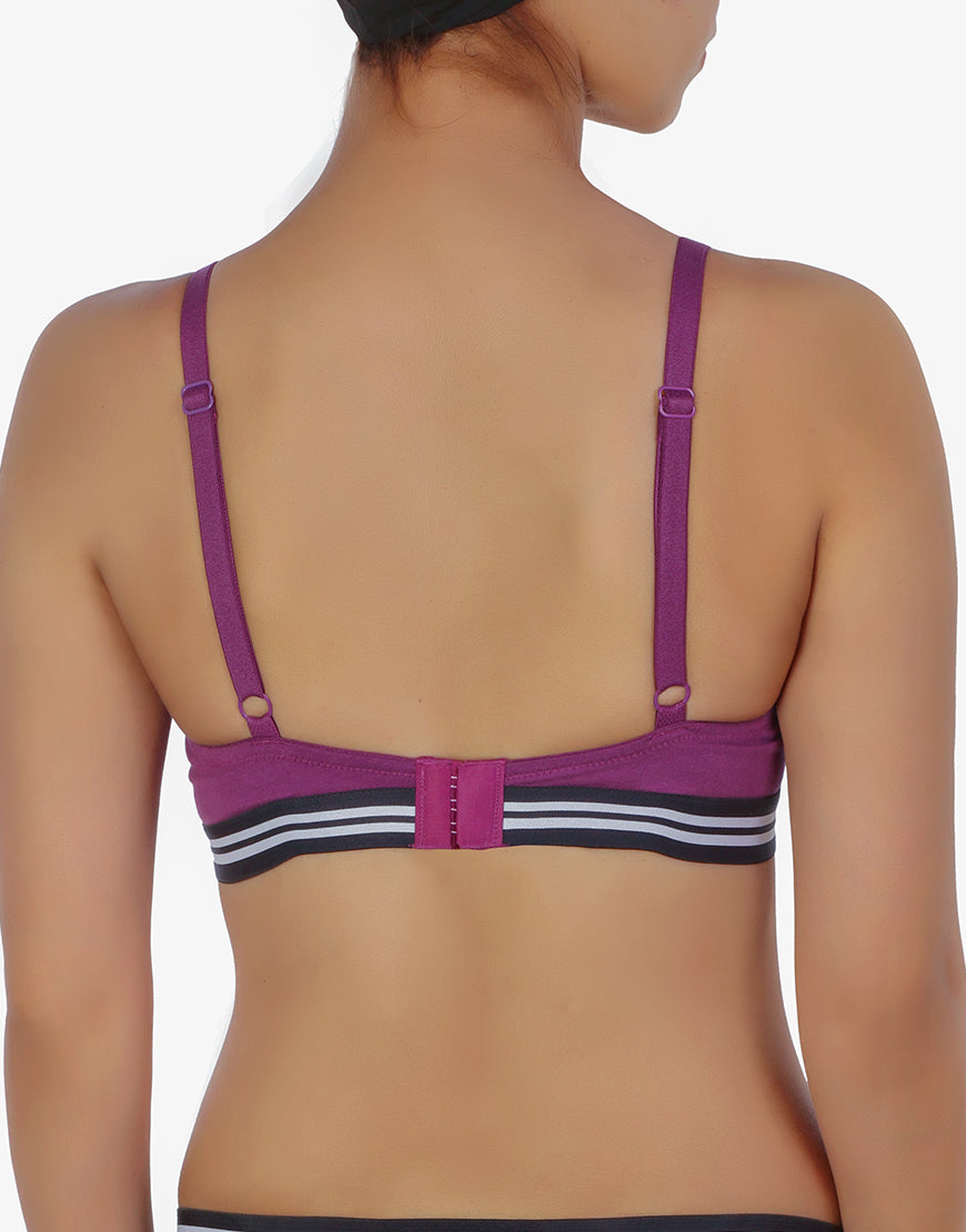 Lightly padded, wireless T-shirt bra with striped elastic waistband – Purple
