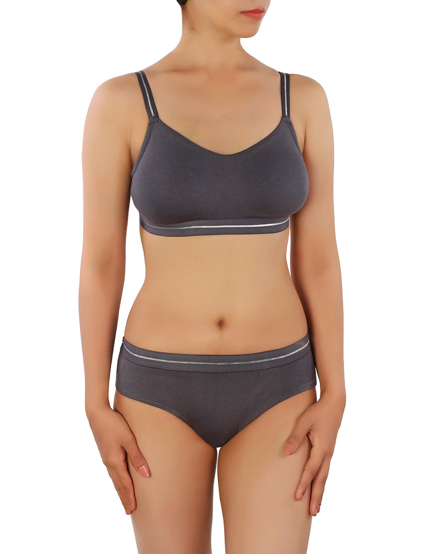 Double-layered cotton wirefree bra with matching panty – Grey