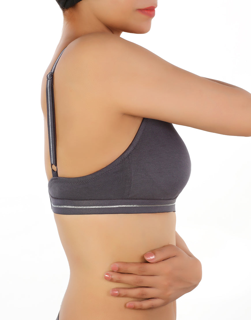 Double-layered cotton wireless bra with glitter elastic waistband – Grey