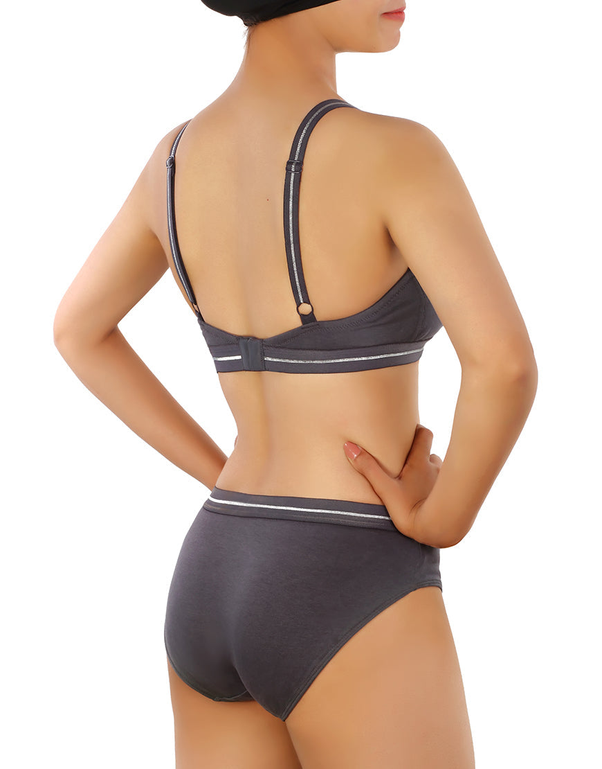 COTTON BIKINI BRIEFS WITH GLITTER ELASTIC WAISTBAND - GREY