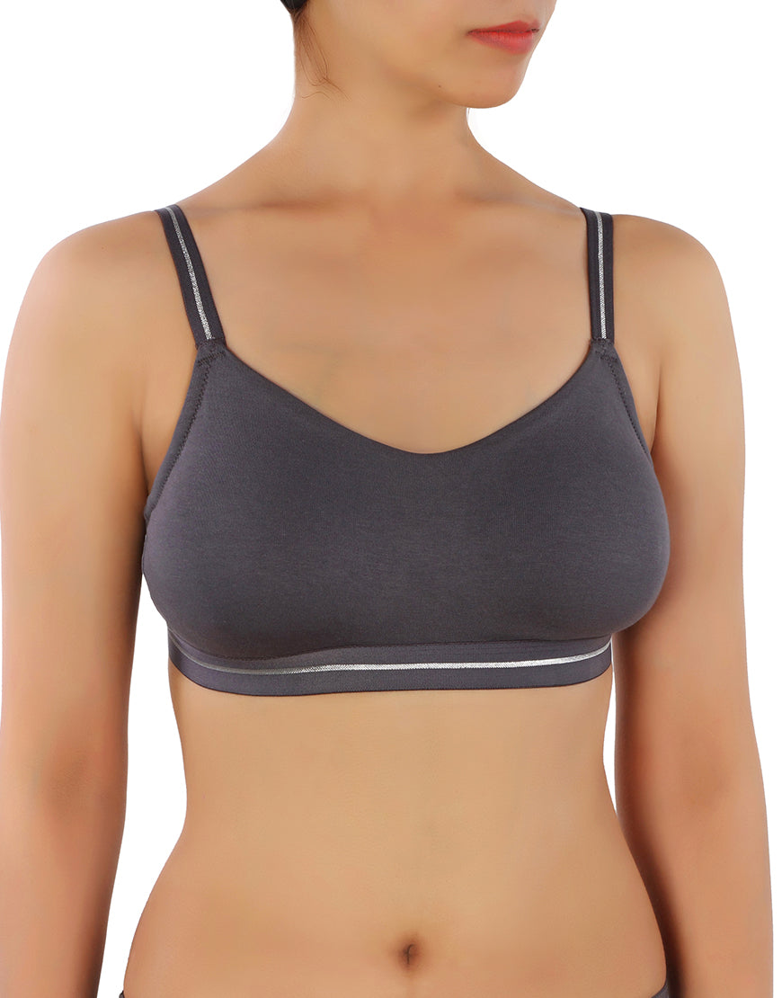 Double-layered cotton wireless bra with glitter elastic waistband – Grey