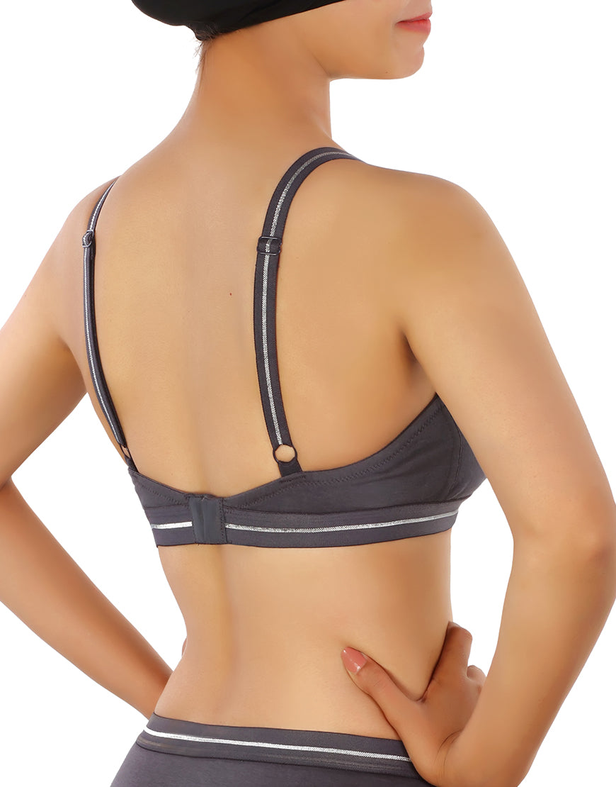 Double-layered cotton wireless bra with glitter elastic waistband – Grey