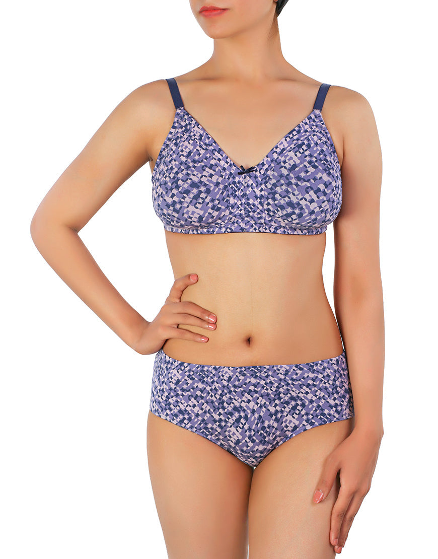 Double-layered full-coverage cotton wirefree bra with matching panty – purple print