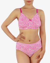 Double-layered full-coverage cotton wirefree bra with matching panty – Pink Print