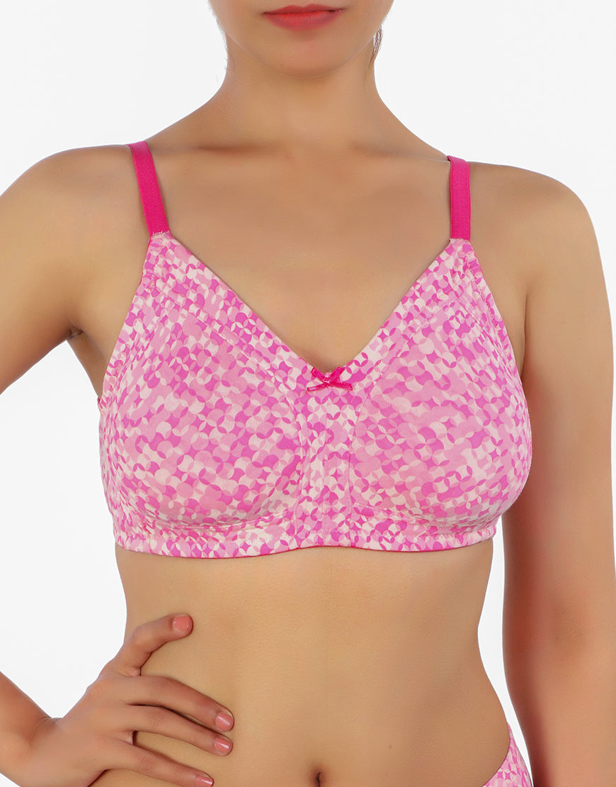 Double-layered cotton full-coverage wireless bra with diamond geometry print – Pink