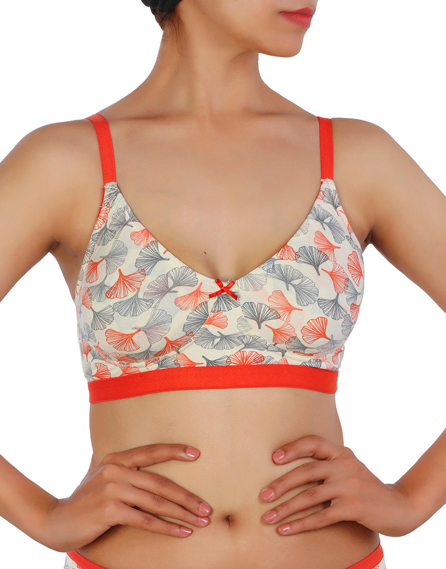 Double-layered printed cotton wireless bra – Orange