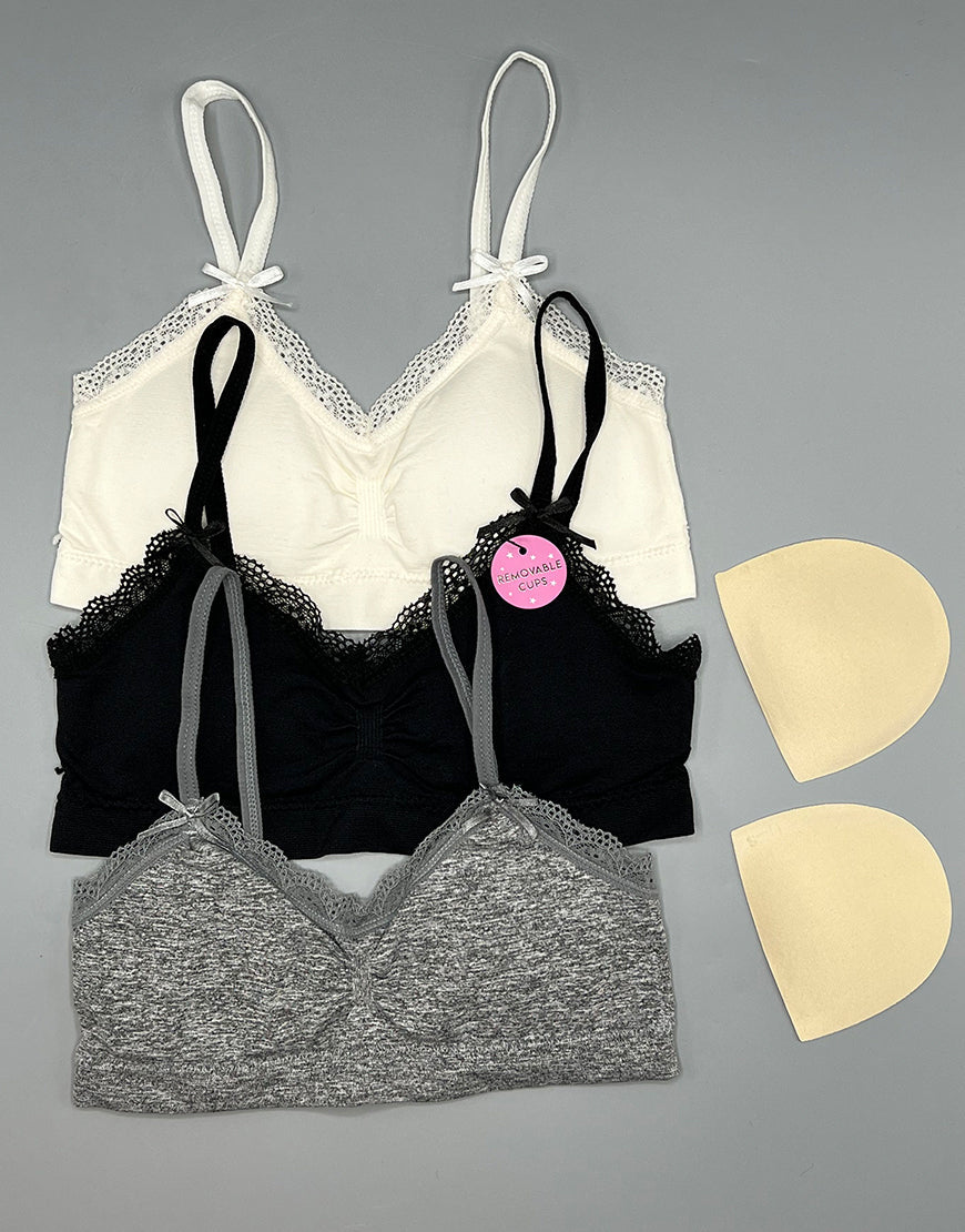 Teens Pack of 3 Training Bras with Removable Pads – Black/Gray/Off-White