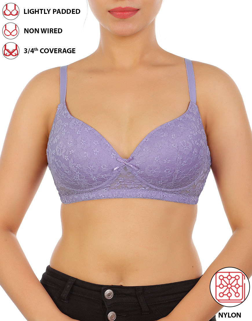 Lightly padded, wireless 3/4 coverage bra with lace pattern – Violet Tulip