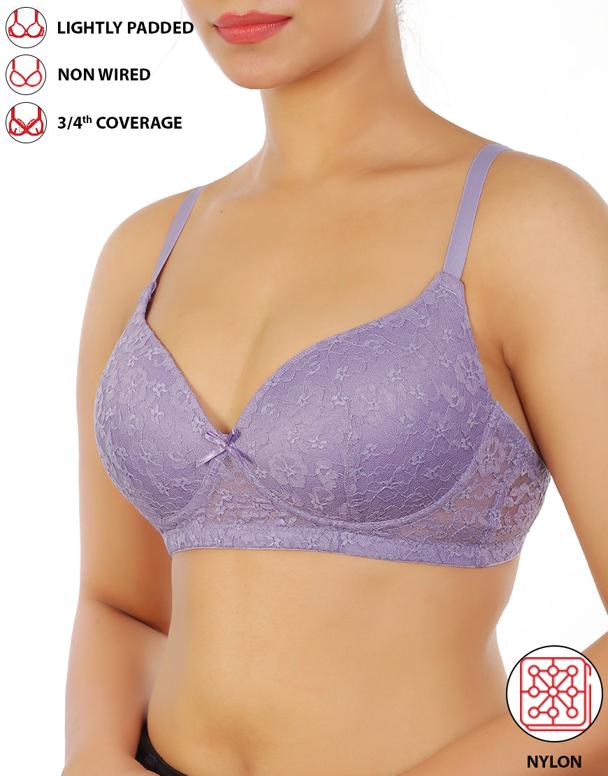 Lightly padded, wireless 3/4 coverage bra with lace pattern – Violet Tulip