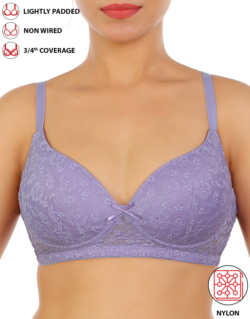 Lightly padded, wireless 3/4 coverage bra with lace pattern – Violet Tulip