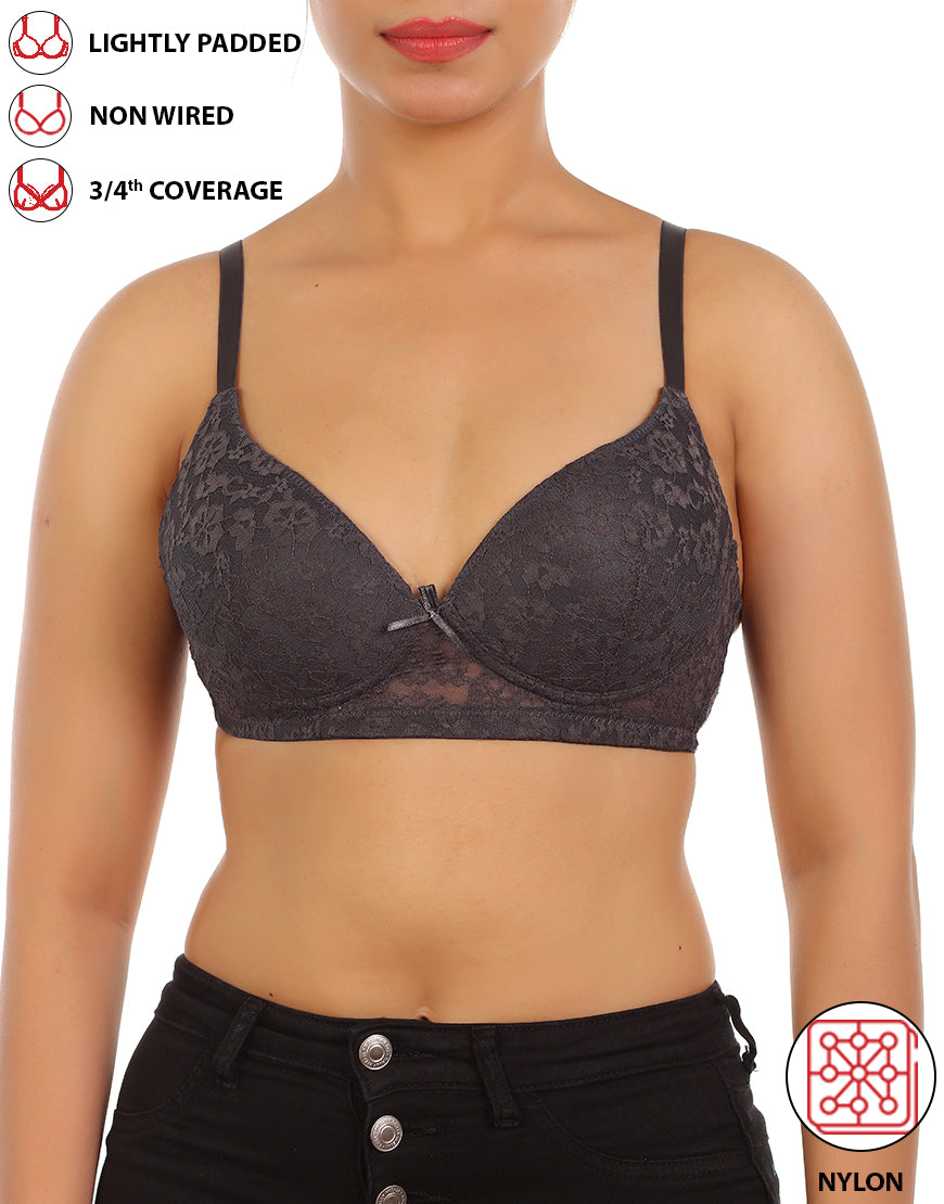 Lightly padded, wireless 3/4 coverage bra with lace pattern – Forged Iron