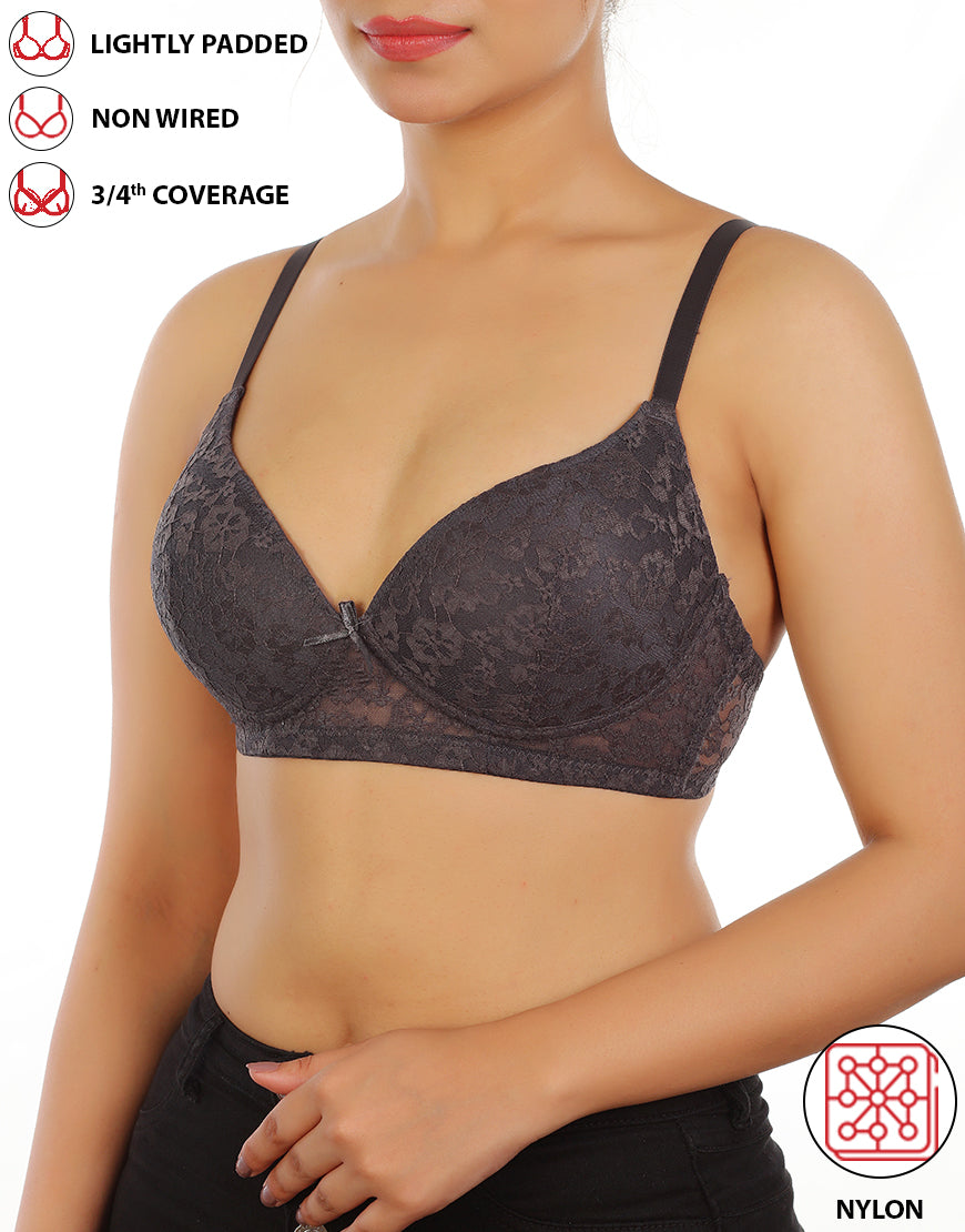 Lightly padded, wireless 3/4 coverage bra with lace pattern – Forged Iron