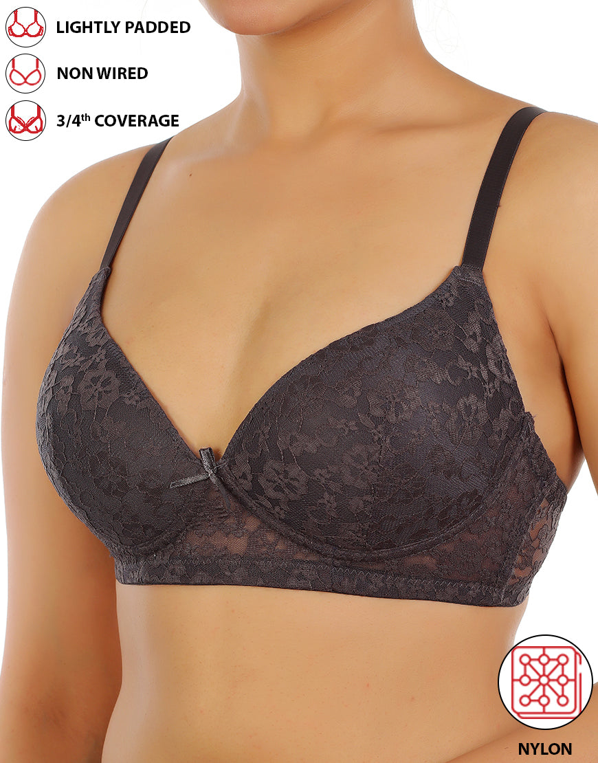 Lightly padded, wireless 3/4 coverage bra with lace pattern – Forged Iron