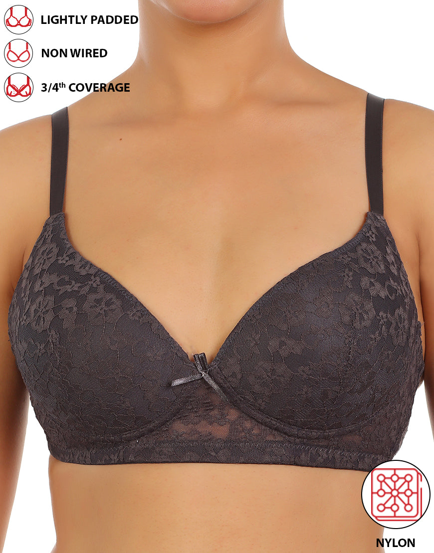 Lightly padded, wireless 3/4 coverage bra with lace pattern – Forged Iron