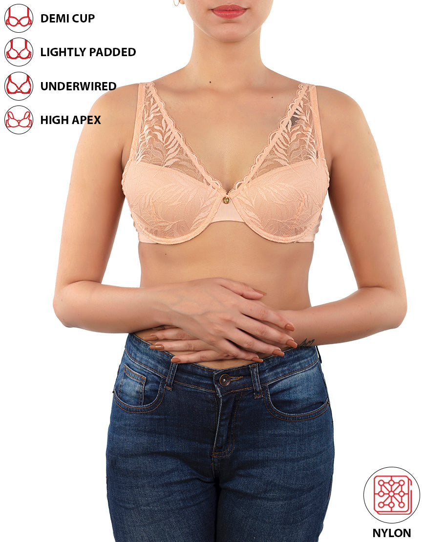 Demi-Cup High Apex, Feather-Light Padded Lace Bra – Rose Cloud