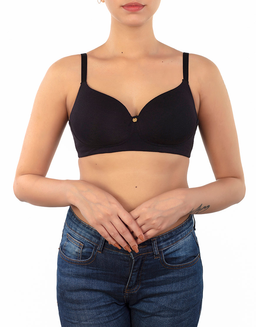 Side-smoothing, organic-washed, antibacterial cotton T-shirt bra without underwire – Black