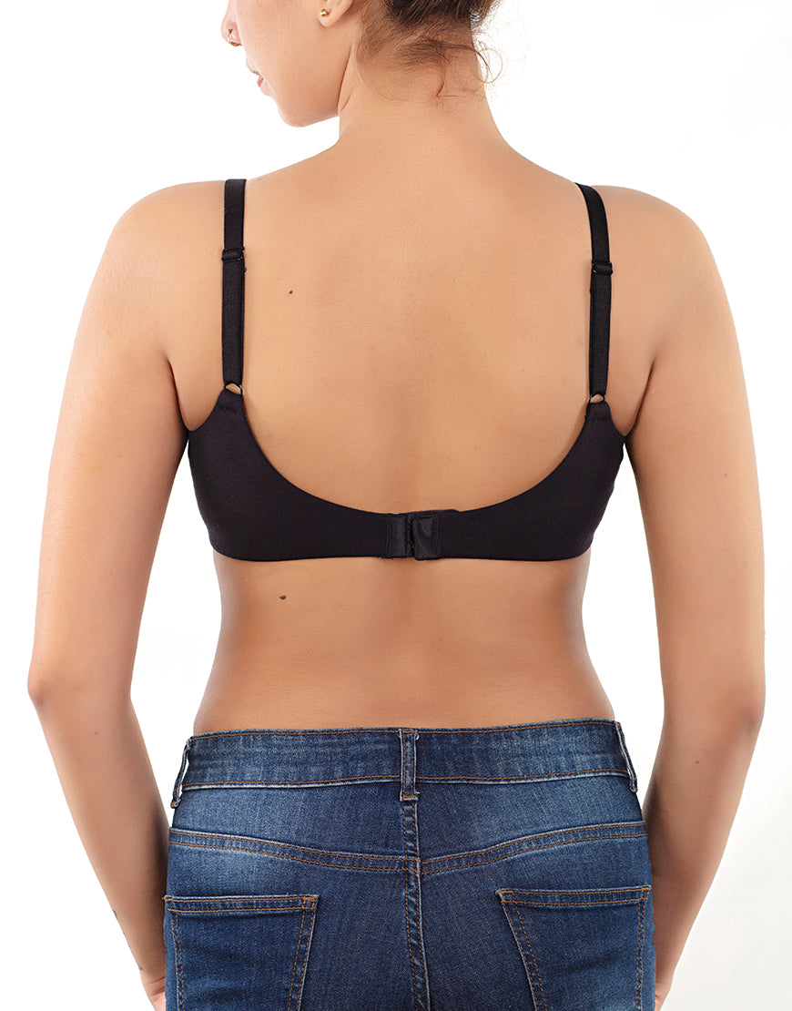 Side-smoothing, organic-washed, antibacterial cotton T-shirt bra without underwire – Black