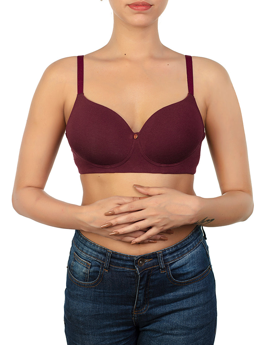 Side-smoothing, bio-washed, antibacterial cotton T-shirt bra without underwire – Chestnut brown