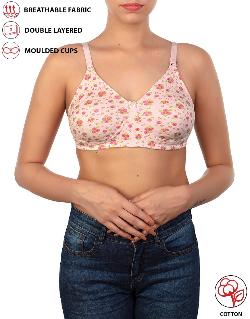 Double-layered, non-wired, printed cotton bra – Baby Rose Print