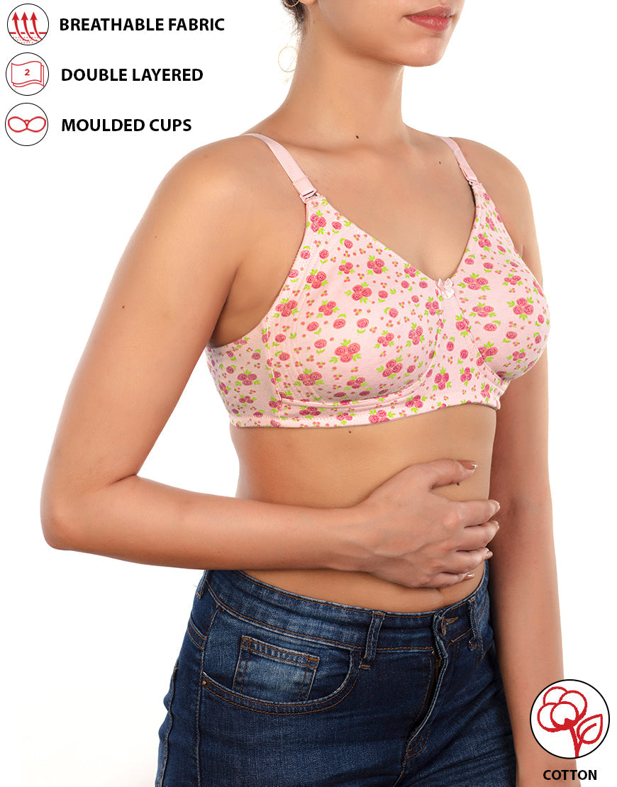 Double-layered, non-wired, printed cotton bra – Baby Rose Print
